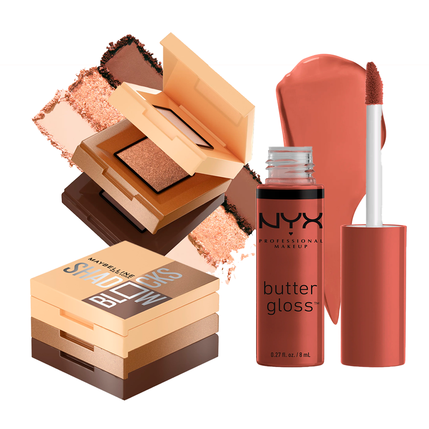 COMBO: MAYBELLINE SHADOW BLOCKS – PALETA DE SOMBRAS DE OJOS, TRIO DE SOMBRAS DE OJOS APILADAS + NYX BUTTER GLOSS CAFÉ CON LECHE