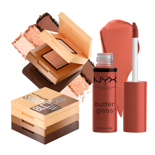 COMBO: MAYBELLINE SHADOW BLOCKS – PALETA DE SOMBRAS DE OJOS, TRIO DE SOMBRAS DE OJOS APILADAS + NYX BUTTER GLOSS CAFÉ CON LECHE