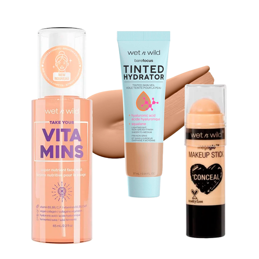 COMBO ROSTRO WET N WILD: TAKE YOUR VITAMINS + BASE TINTED HIDRATOR + MEGAGLO MAKEUP STICK