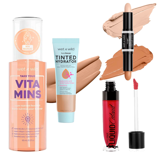 COMBO COMPLETO WET N WILD: TAKE YOUR VITAMINS + BASE TINTED HIDRATOR + WET N WILD MEGA GLO DUAL + MEGALAST LIQUID CATSUIT MATTE LIPSTICK
